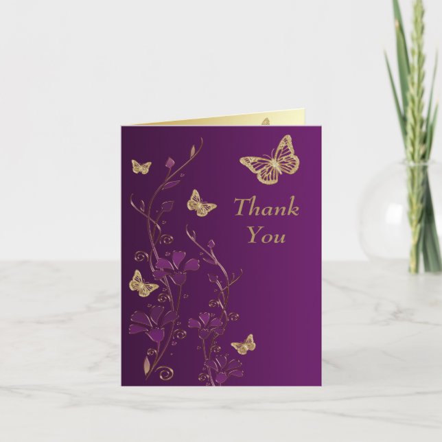 Purple, Gold Butterfly Floral Thank You Note Card (Front)