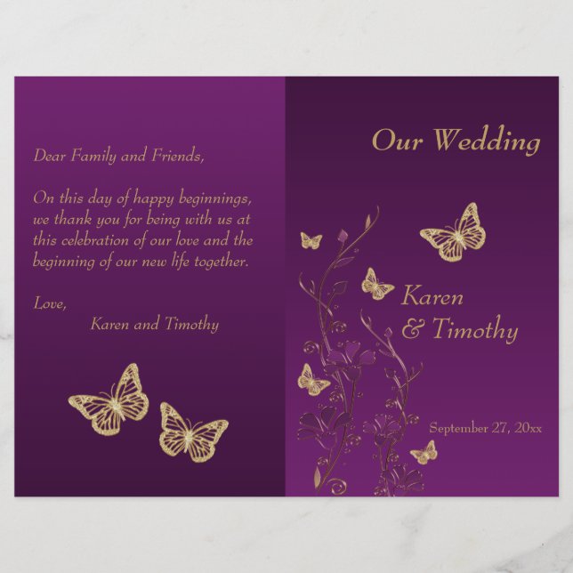 Purple, Gold Butterfly Floral Wedding Program (Front)