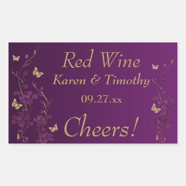 Purple, Gold Butterfly Floral Wine Label Sticker 2 (Front)