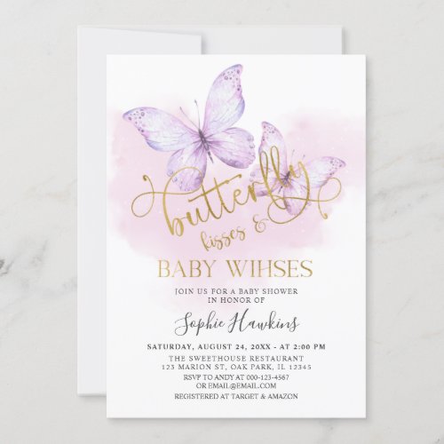 Purple Gold Butterfly Kisses Baby Girl Baby Shower Invitation