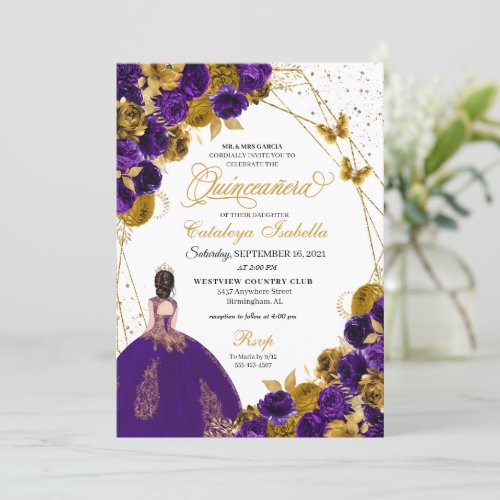 Purple  Gold Butterfly Princess Quinceanera Invitation