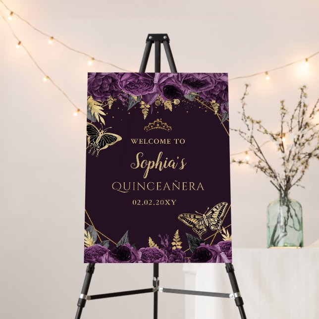 Purple Gold Butterfly Quinceañera Welcome Sign (In Situ (Stand))