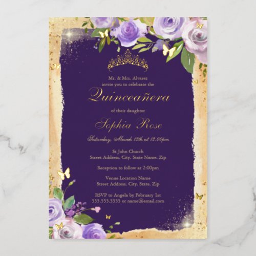 Purple Gold Butterfly Rose Floral Quinceanera Foil Invitation