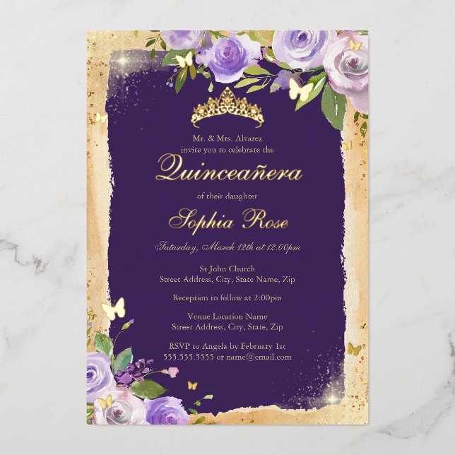 Purple Gold Butterfly Rose Floral Quinceanera Foil Invitation (Front)