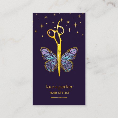 Purple Gold Butterfly Scissor Hair Stylist Salon Business Card
