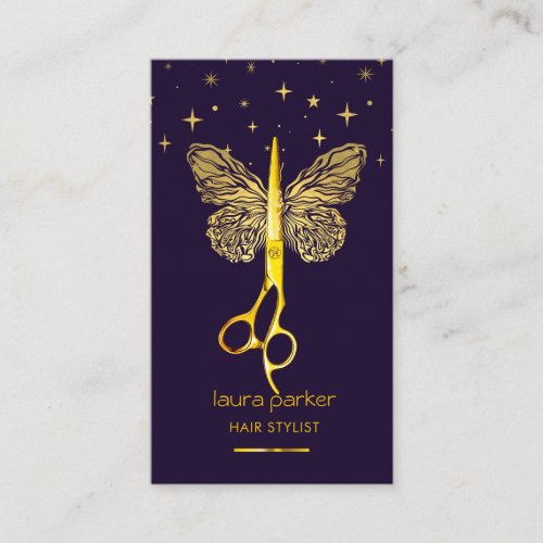 Purple Gold Butterfly Scissor Hair Stylist Salon Business Card