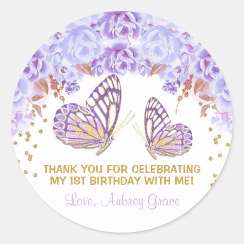 Purple gold butterfly watercolor birthday classic round sticker