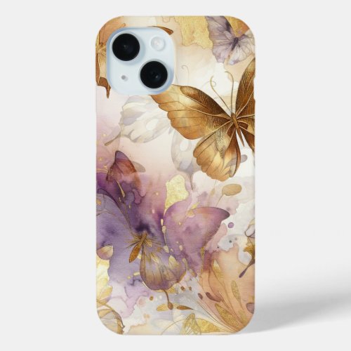 Purple  Gold Butterfly Watercolor Butterflies iPhone 15 Case