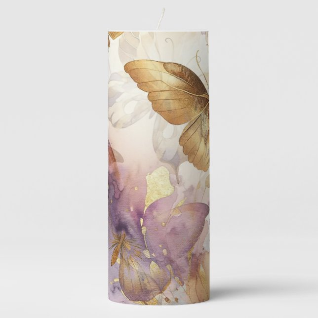 Purple & Gold Butterfly Watercolor Butterflies Pillar Candle (Front)