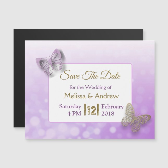 Purple Gold Butterfly Wedding Save the Date Magnet (Front/Back)