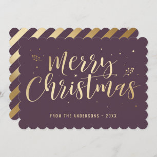 Purple Gold Calligraphy Merry Christmas Holiday Card