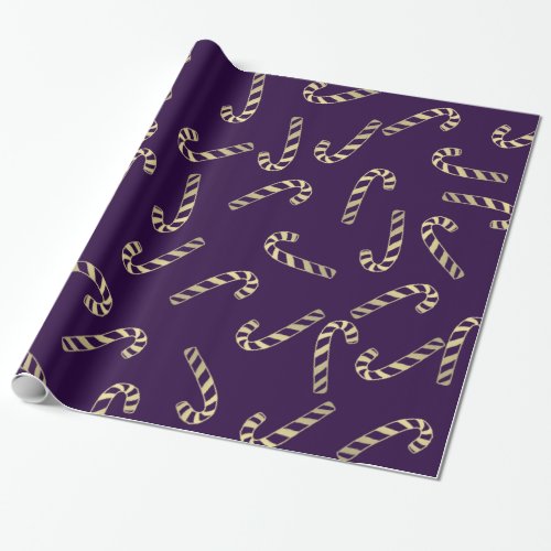 Purple Gold Candy Canes Holiday Pattern Wrapping Paper