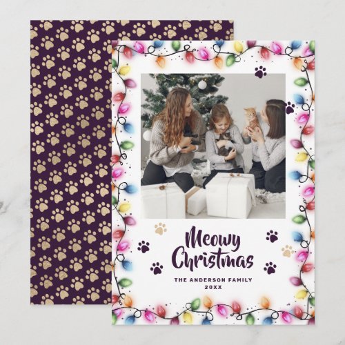 Purple Gold Cat Paws Colorful Photo Meowy Holiday Card