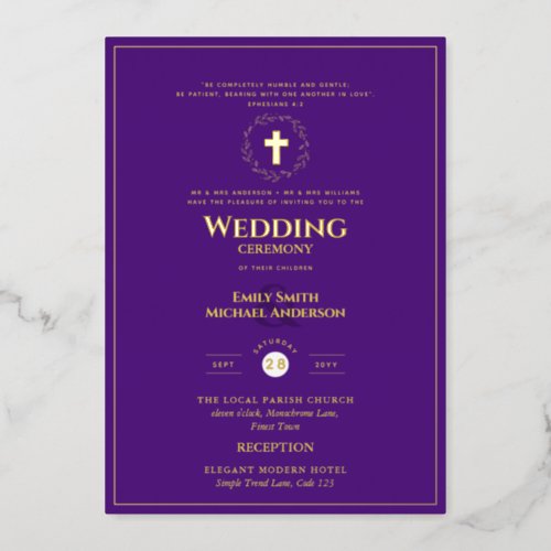 Purple Gold Catholic Wedding Elegant Formal Modern Foil Invitation