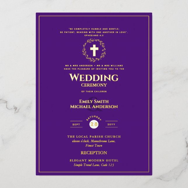 Purple Gold Catholic Wedding Elegant Formal Modern Foil Invitation (Front)