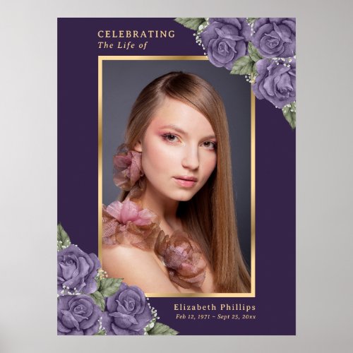 Purple Gold Celebration of Life Photo Funeral Sign