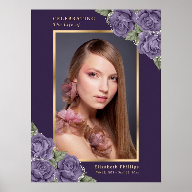 Purple Gold Celebration of Life Photo Funeral Sign (Front)
