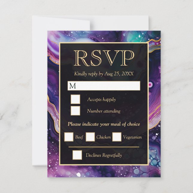 Purple Gold Celestial Agate Wedding RSVP Card (Front)
