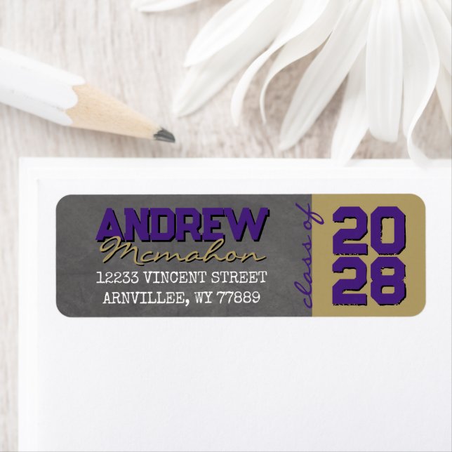 Purple & Gold Chalkboard Graduation Return Address Label (Insitu)