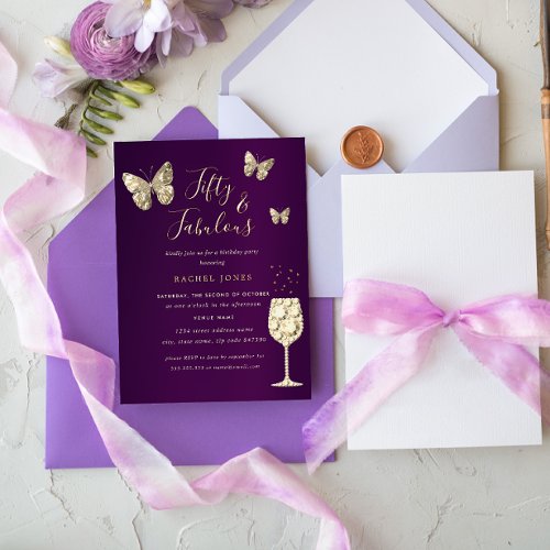 Purple Gold Champagne 50  Fabulous Birthday Foil Invitation