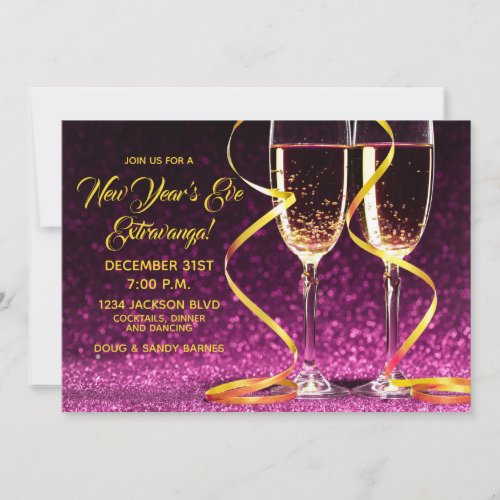 Purple Gold Champagne Glasses New Years Eve Party Invitation