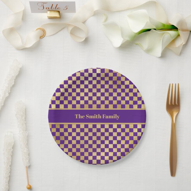 Purple Gold Checkered Paper Plate (Wedding)