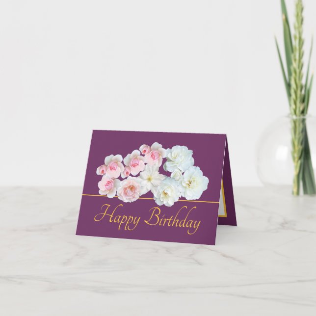 Purple Gold Chic Bouquet White Pink Roses Birthday Card (Front)