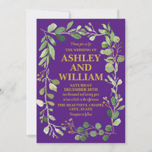 Purple & Gold Chic Greenery Boho Bohemian Wedding Invitation