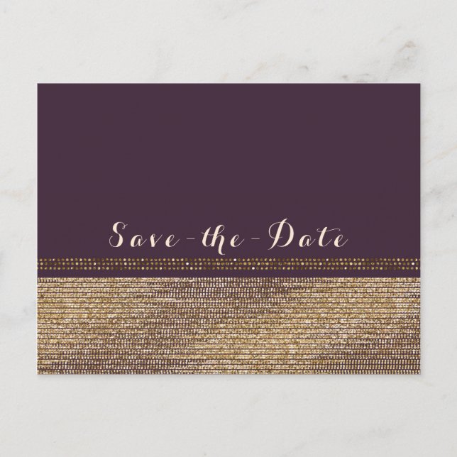 Purple Gold Chic Sparkling Glam Save the Date Announcement Postcard (Front)