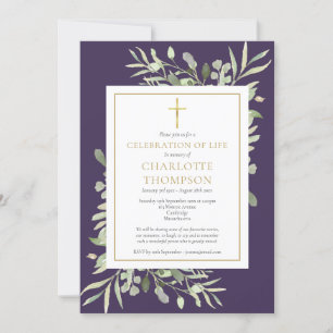 Purple Gold Christian Celebration of Life Funeral Invitation