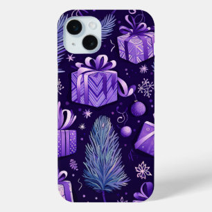 PURPLE & GOLD CHRISTMAS ORNAMENTS POINTSETTIAS iPhone 15 PLUS CASE