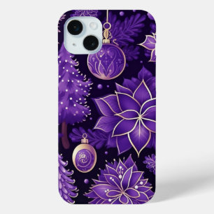 PURPLE & GOLD CHRISTMAS ORNAMENTS POINTSETTIAS iPhone 15 PLUS CASE