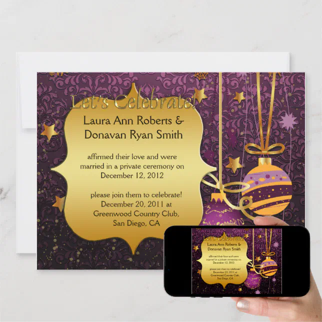 Purple Gold Christmas Post Wedding Invitation | Zazzle