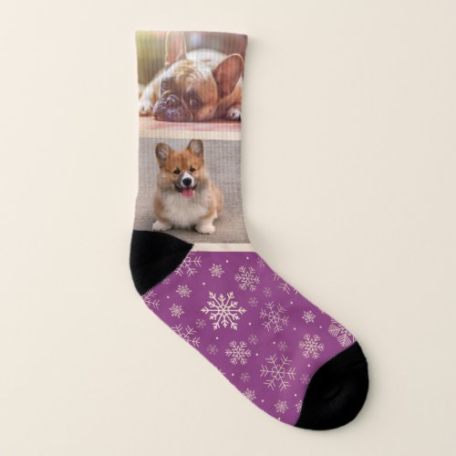 Purple Gold Christmas Snowflake Pattern Pet Photo Socks