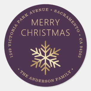 Purple Gold Christmas Snowflake Return Address Classic Round Sticker