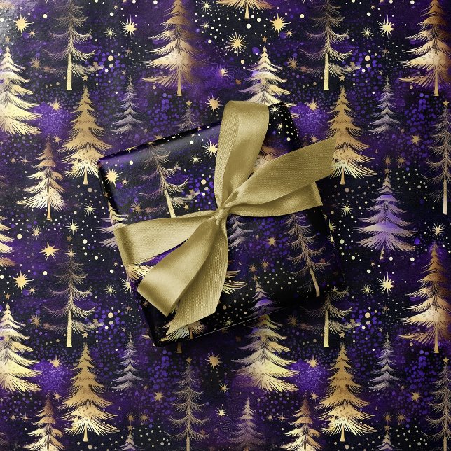 Purple & Gold Christmas Tree Snowfall Luxury Xmas Wrapping Paper (Creator Uploaded)