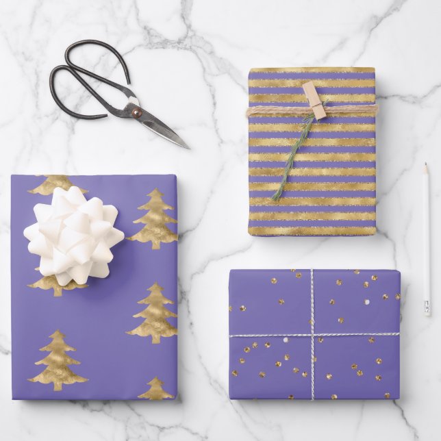 Purple Gold Christmas Tree Stripes Sparkle     Wrapping Paper Sheets (Front)