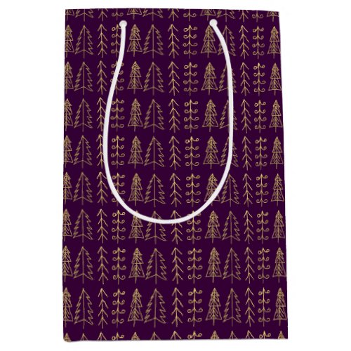 Purple Gold Christmas Trees Pattern Modern Medium Gift Bag