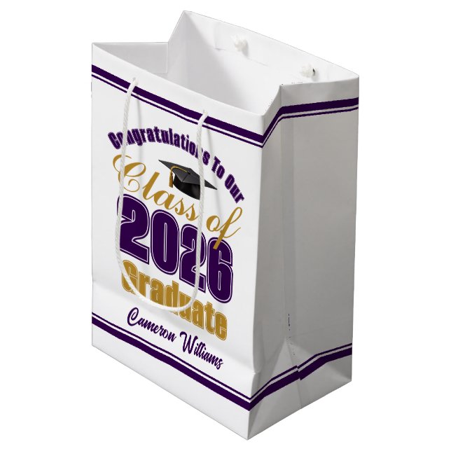 Purple Gold Class of 2026 Graduation Party Medium Gift Bag (Front Angled)