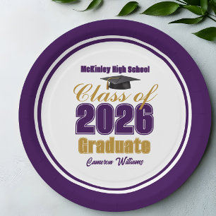 Purple Gold Class of 2026 Graduation Party Paper Plates