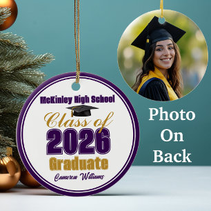Purple Gold Class of 2026 Graduation Photo Ceramic Ornament