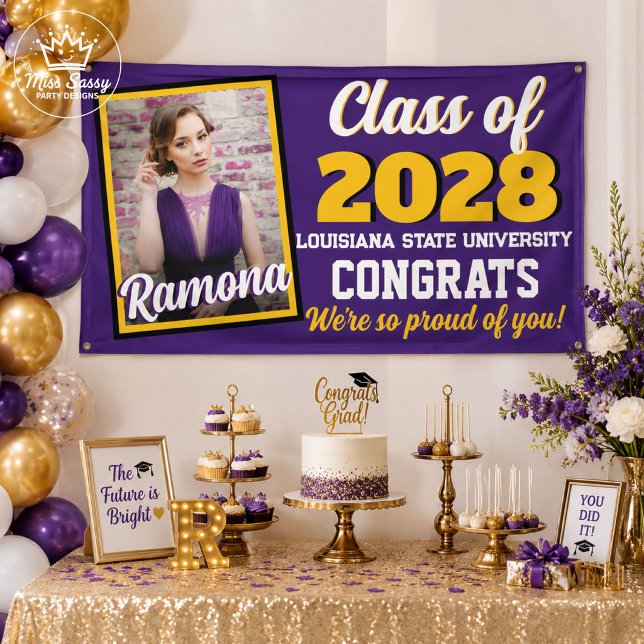 Purple Gold Class of 2026 Photo Graduation Banner (Purple gold Class of 2026 photo graduation banner with custom name and school text.)