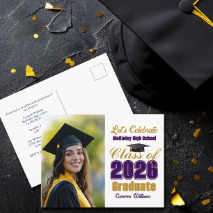 Purple Gold Class of 2026 Photo Graduation Party Invitation Postcard