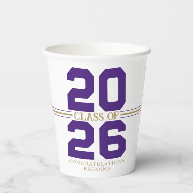 Purple & Gold Class of Personalized Graduation Paper Cups (Back)