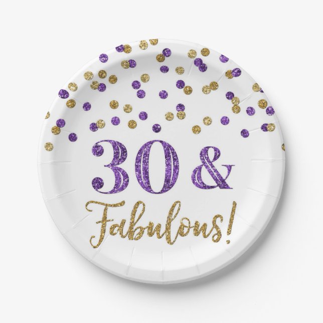 Purple Gold Confetti 30 and Fabulous Paper Plates (Front)