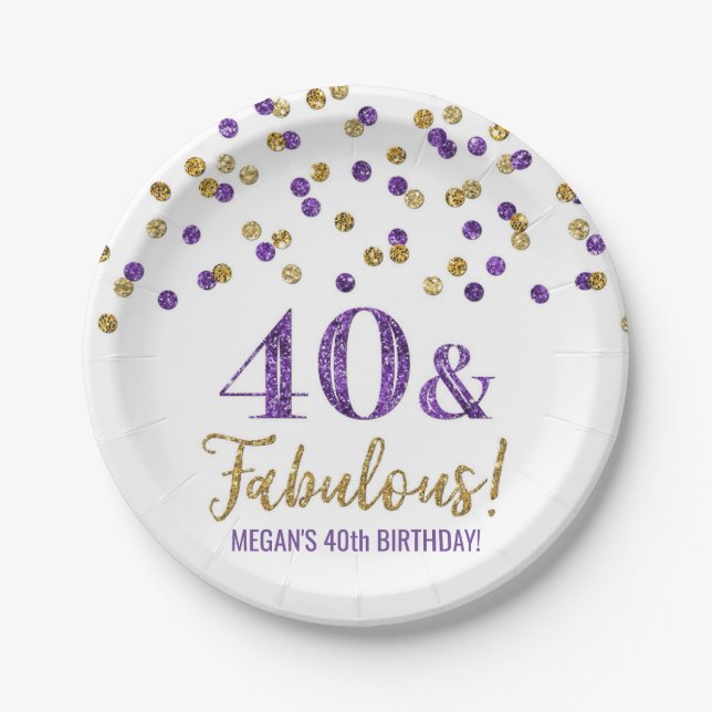 Purple Gold Confetti 40 and Fabulous Birthday Paper Plates (Front)