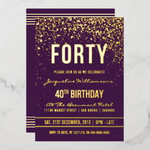 Purple   Gold Confetti 40th Birthday Party Foil Invitation