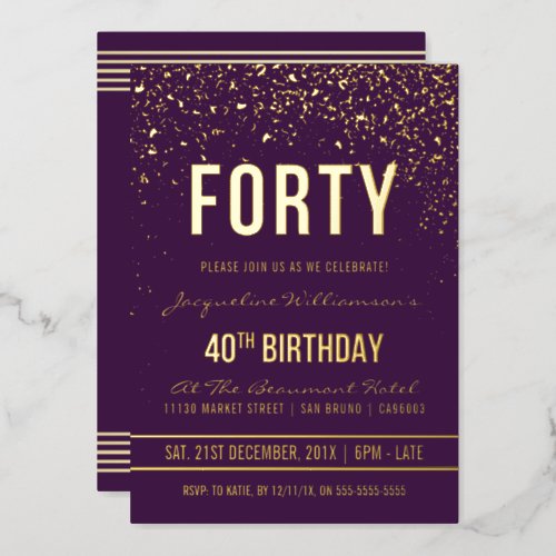 Purple  Gold Confetti 40th Birthday Party Foil Invitation
