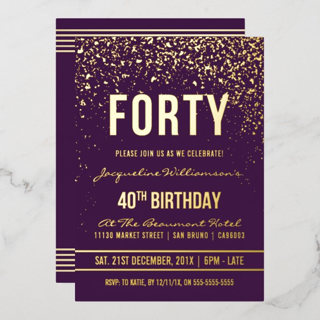 Purple | Gold Confetti 40th Birthday Party Foil Invitation (Front/Back)