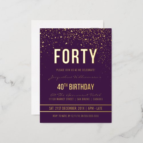 Purple  Gold Confetti 40th Birthday Party Foil Invitation Postcard